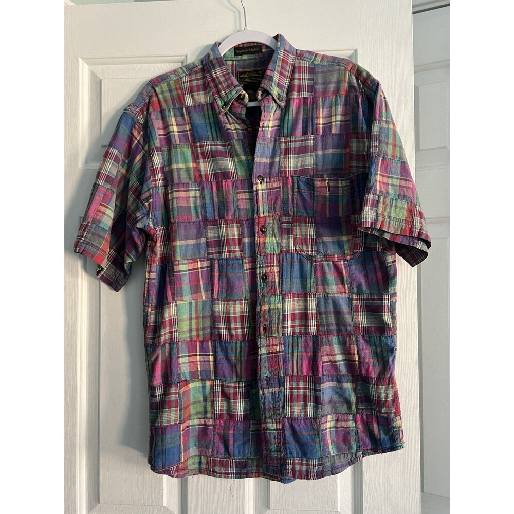 Vintage 90s Eddie Bauer Madras Patchwork Shirt Mens M Plaid Color Block